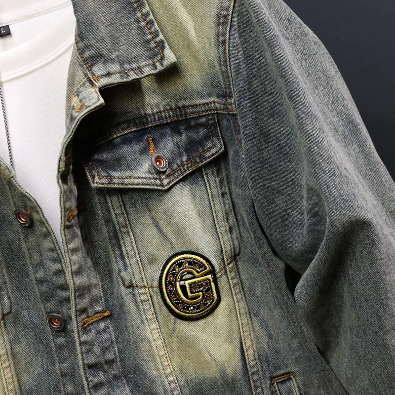 Fashion Nostalgic Denim Jacket Men's Retro Classic Wings Sequin Design Trendy Casual Menswear Motorcycle Jacket
