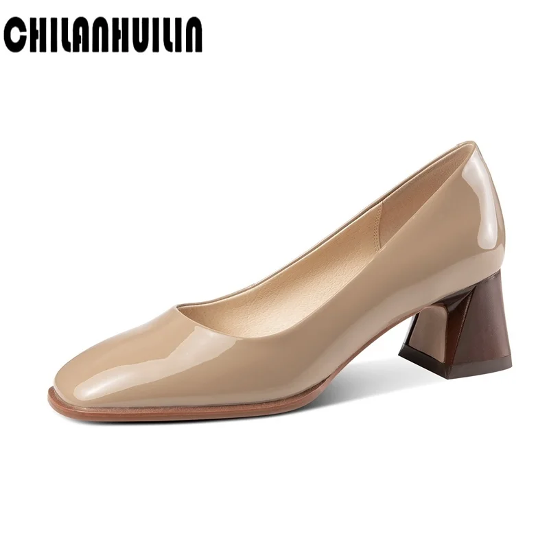 

simple patent leather pumps spring summer women pumps female black nude shoes square toe shoes fashion thick high heel footwear
