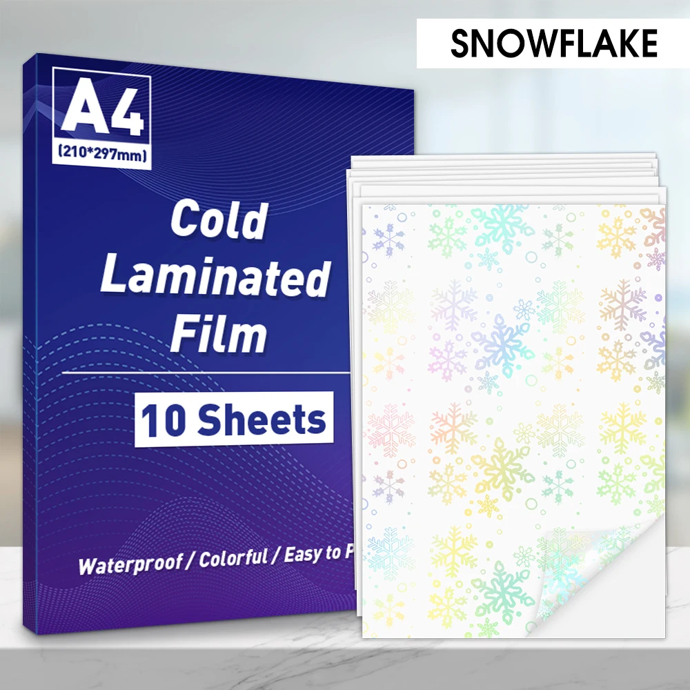 

10 Sheets Snowflake Transparent Paper Self Adhesive Film for Cold Lamination A4 Paper Holographic Laminating Sheet DIY Photo