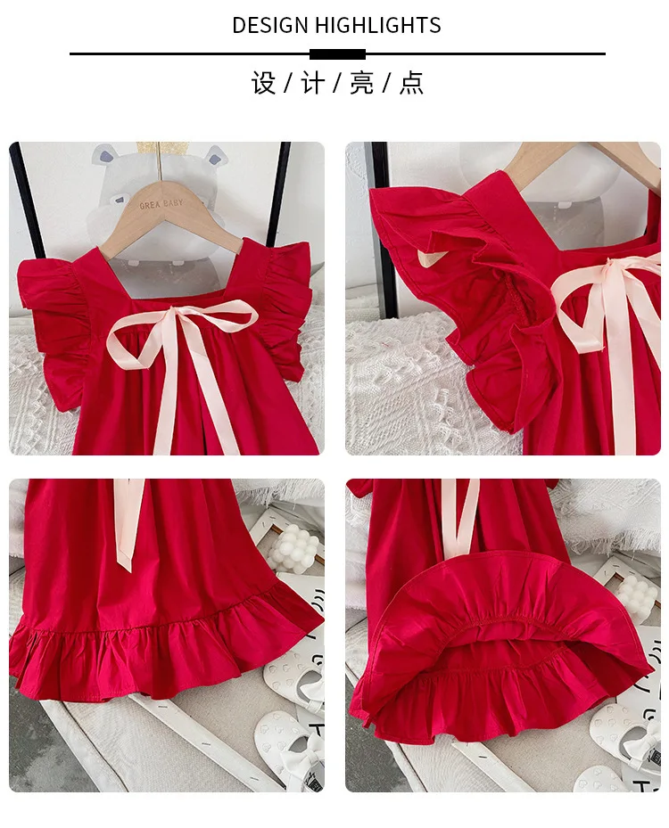 dress haloween VigoAnne Girls Verge Short Sleeves Loose Dresses 2022 Square Collar Bow Red Dress Kids Girl Clothes Summer Korean Clothes beach dresses