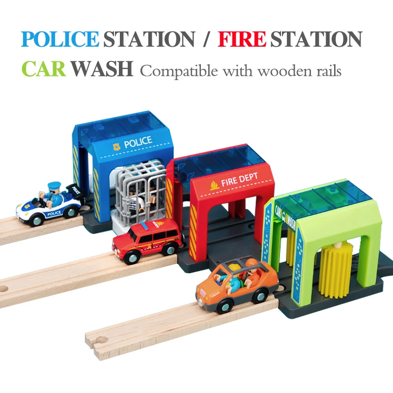 Rail car toy car wash rail car set train scene children fire station police station simulation toy compatible with wooden track 2