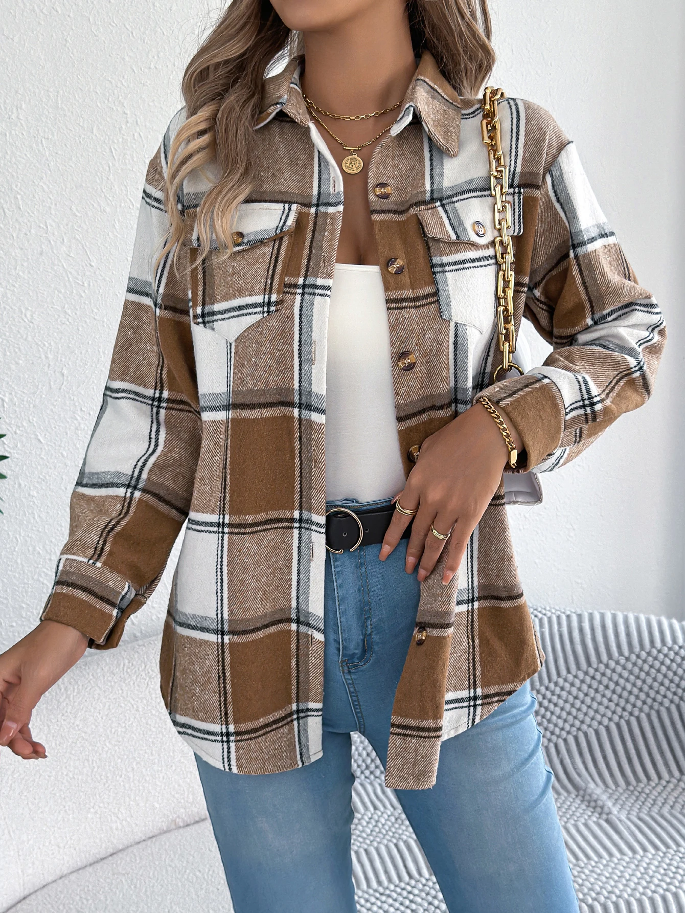 Woman Plaid Jacket Long Sleeve Coat Autumn Winter