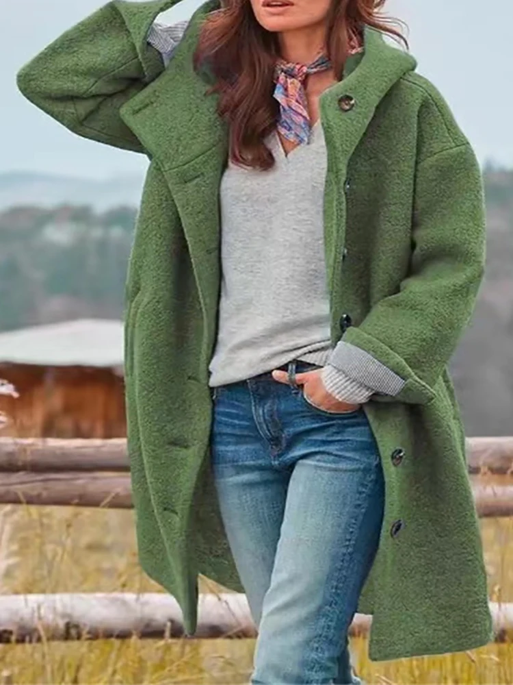 

Women Autumn Winter 2022 Elegant Woolen Blends Long Sleeve Coat Lady Single Breasted Casual Hooded Jacket Trend Solid Streetwear