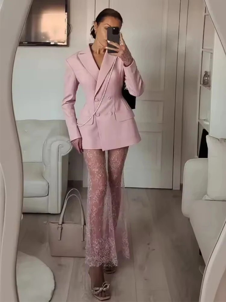 2025 Elegant Blazer Skirt Sets Women Two Piece Double Breasted Jacket Lace See Through Trousers Suits New Party Gown Set