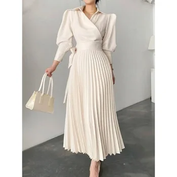 Tinaa Hot Sales Asymmetric Pleated Solid Color Lapel Shirt Dress Maxi Dresses 2024 Stylish Midi Dresses for Women 2