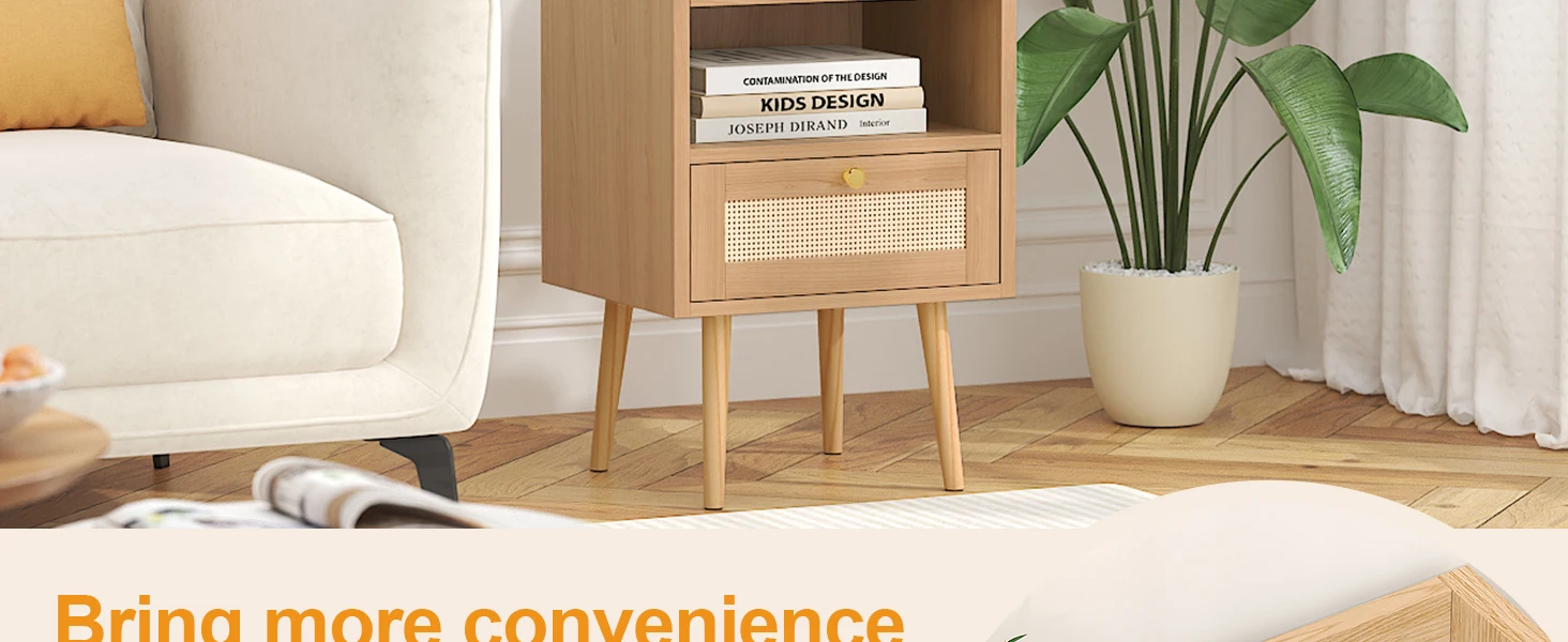 Rattan Nightstand with Charging Station, Mid Century Modern Bed Side Table, Boho End Table with Wood Legs (2, Natural)