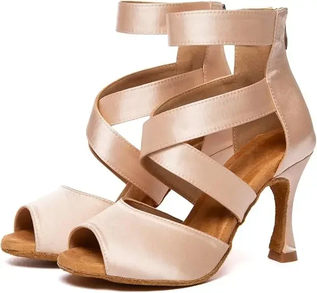 Black Latin Dance Shoes for Women Professional Satin Soft Sole Hight Heel Dancing Ballroom Salsa Tango Boots Show Competition