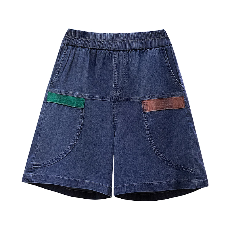 2024 Summer New Large Women's Minimalist Elastic High Waist Solid Color Patchwork Pocket Thin Loose Wide-leg Casual Denim Shorts