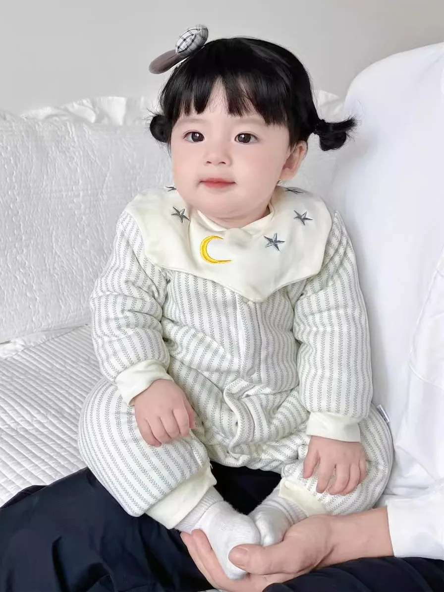 두꺼운 면 패딩 점프 슈트  겨울 옷 야외 따뜻한 격자 무늬 인쇄  옷 3-18 개월 된 소년과 소녀를위한