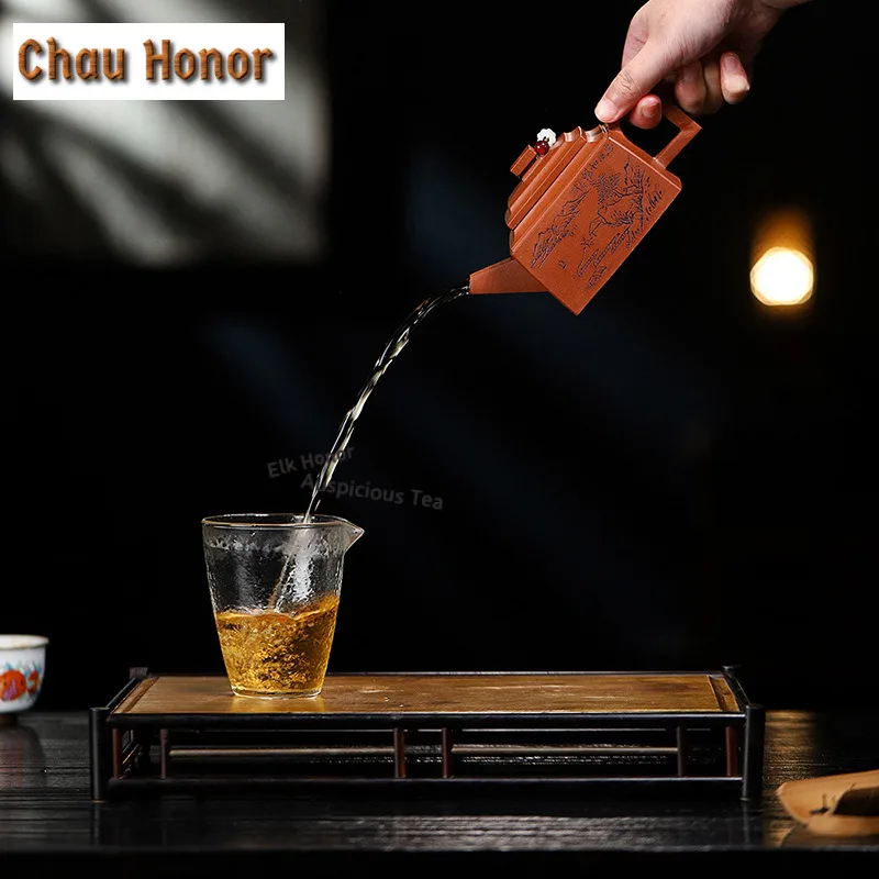 330ml Traditional Yixing Purple Clay Teapots Handmade Square Pot Raw Ore Downhill Mud Kettle Zisha Tea Set Tea Services Gift