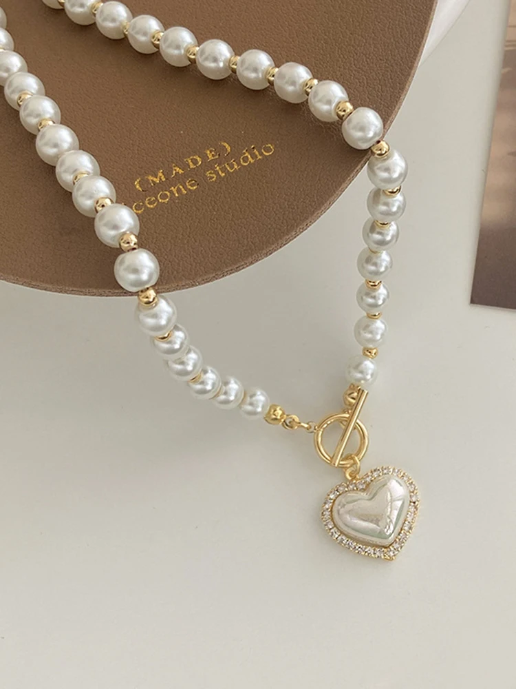 Weiße Imitation Perlen Halskette Frauen Kristall Stein Herz Anhänger niedliche Mädchen Schmuck Halskette Collier Femme – Detail 7