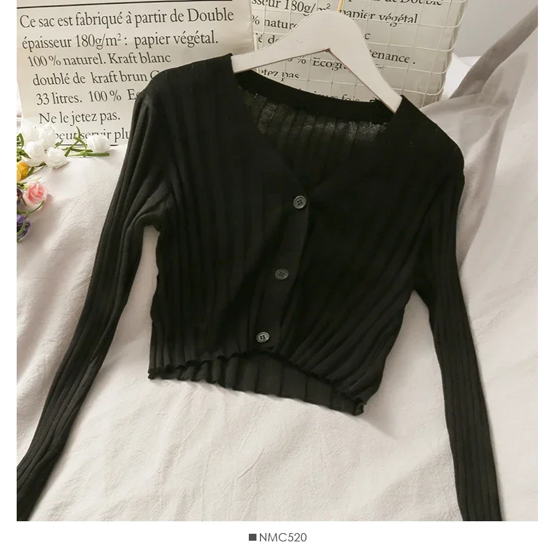 Women's Acrylic Long Sleeve V-Neck Button-Down Slim Cropped Ribbed Knit Cardigan Thin Solid Stretch Crop Top Knitwear