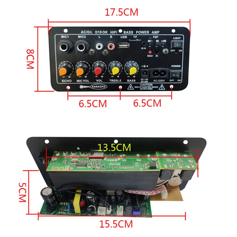 D10 Bluetooth Audio Amplifier Board 30-120W Subwoofer Dual Microphone AMP Module for 4 ohms 8-12 inch Speaker 12/24V 110/220V