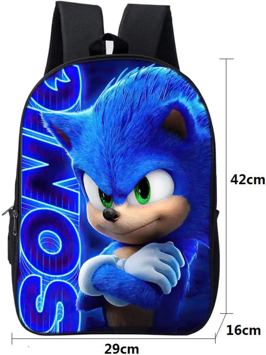 Colorful Sonic cartoon school backpack for kids featuring animated character design, padded straps, and spacious compartments for school supplies. size