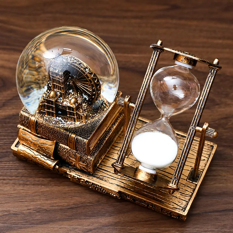 Vintage Iron Tower Hourglass Timer Crystal Ball Music Box Luminous Desktop Decoration Student Graduation Christmas Gift
