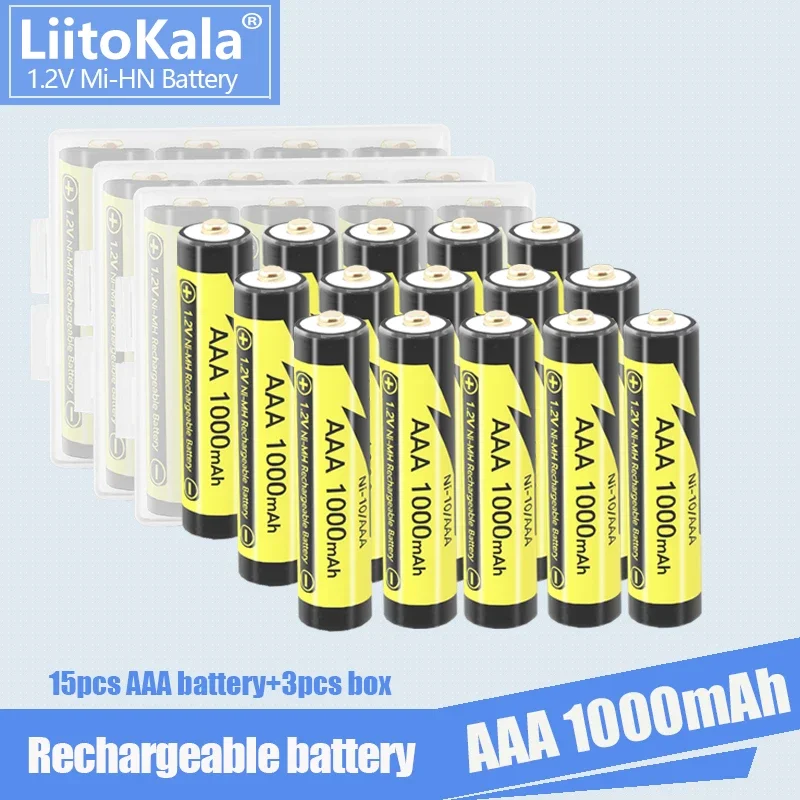 

15pcs LiitoKala AAA Battery 1.2V Ni-MH Rechargeable Batteries 1000MAH 3A aaa flashlight battery with 3PC AAA/AA Battery Holder