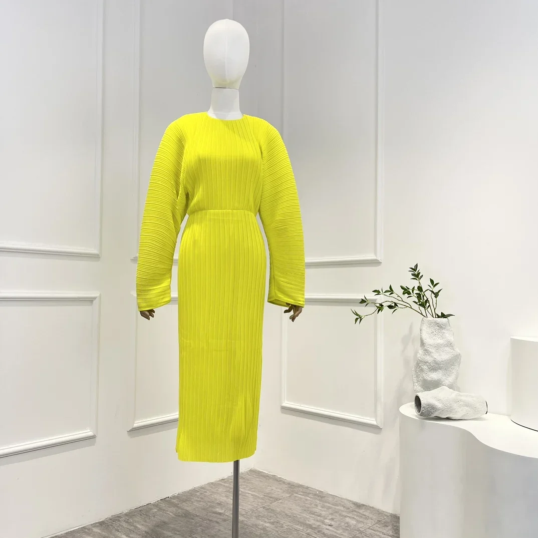 

2024 Spring Summer New Arrivals Top Quality Yellow Casual Long Loose Sleeve Folds Woman Midi Dress for Daily