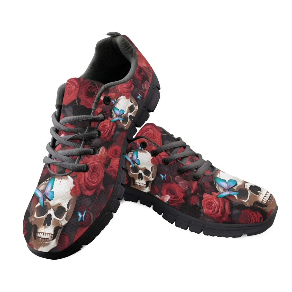INSTANTARTS Pretty Red Flower Skull Gothic Design Casual Sneakers for Women Lightweight Walking Flats Non-Slip Vulcanized Shoes