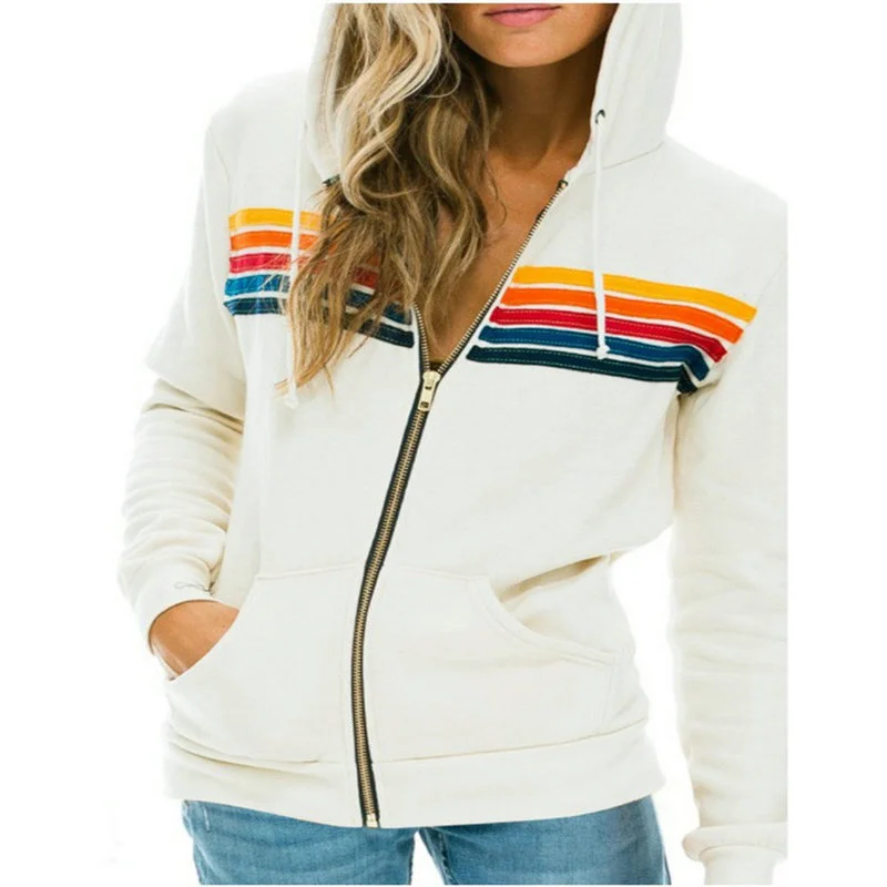 

Women's 5 Stripe Rainbow Long Sleeve Hooded Sweater Women Aviator Nation Zip-up Sweatshirts Loose Stitch Pullover