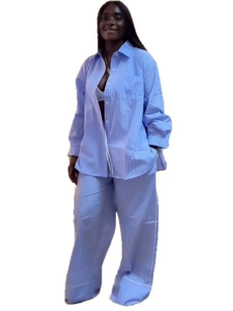 Wmstar Two Piece Set Women Wholesale Woman 2025 Summer New Fashion Lapel Loose Striped Shirt  Suit Wide Leg Trousers Pant Sets