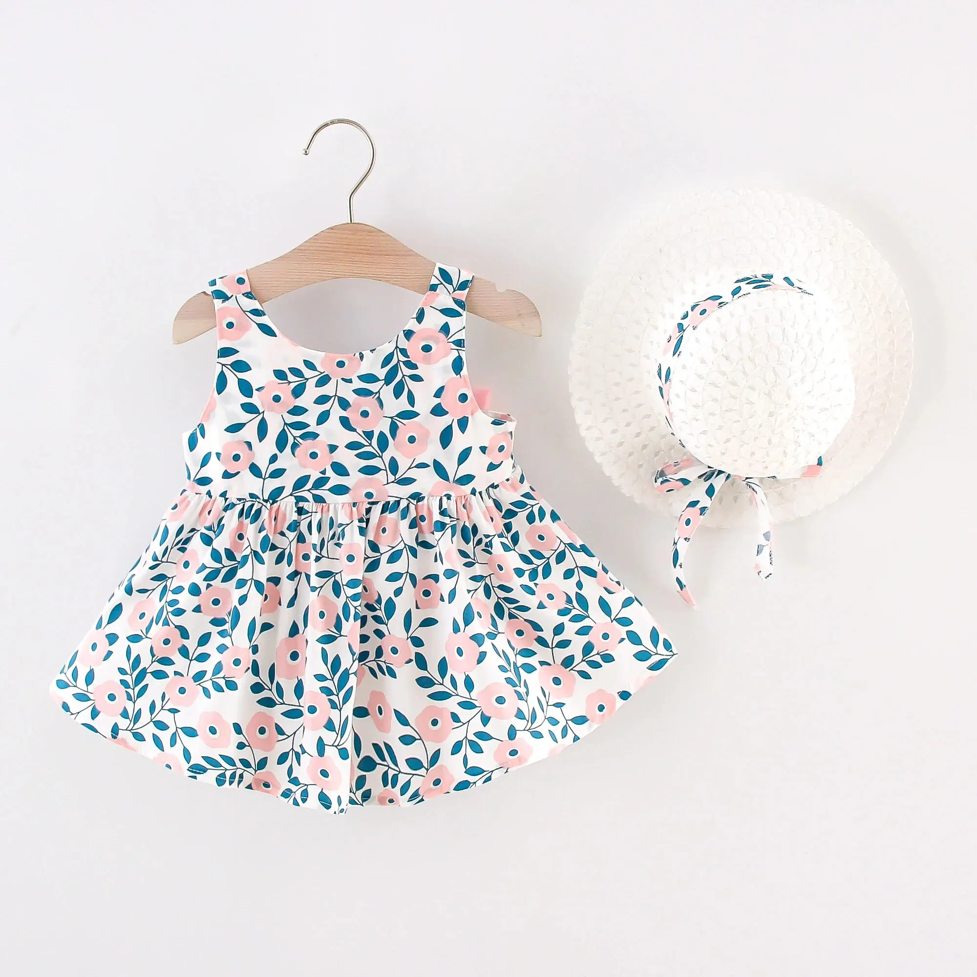 Girls Dress Round Neck Back Big Bow Cotton Skirt with Hat 2 Pcs