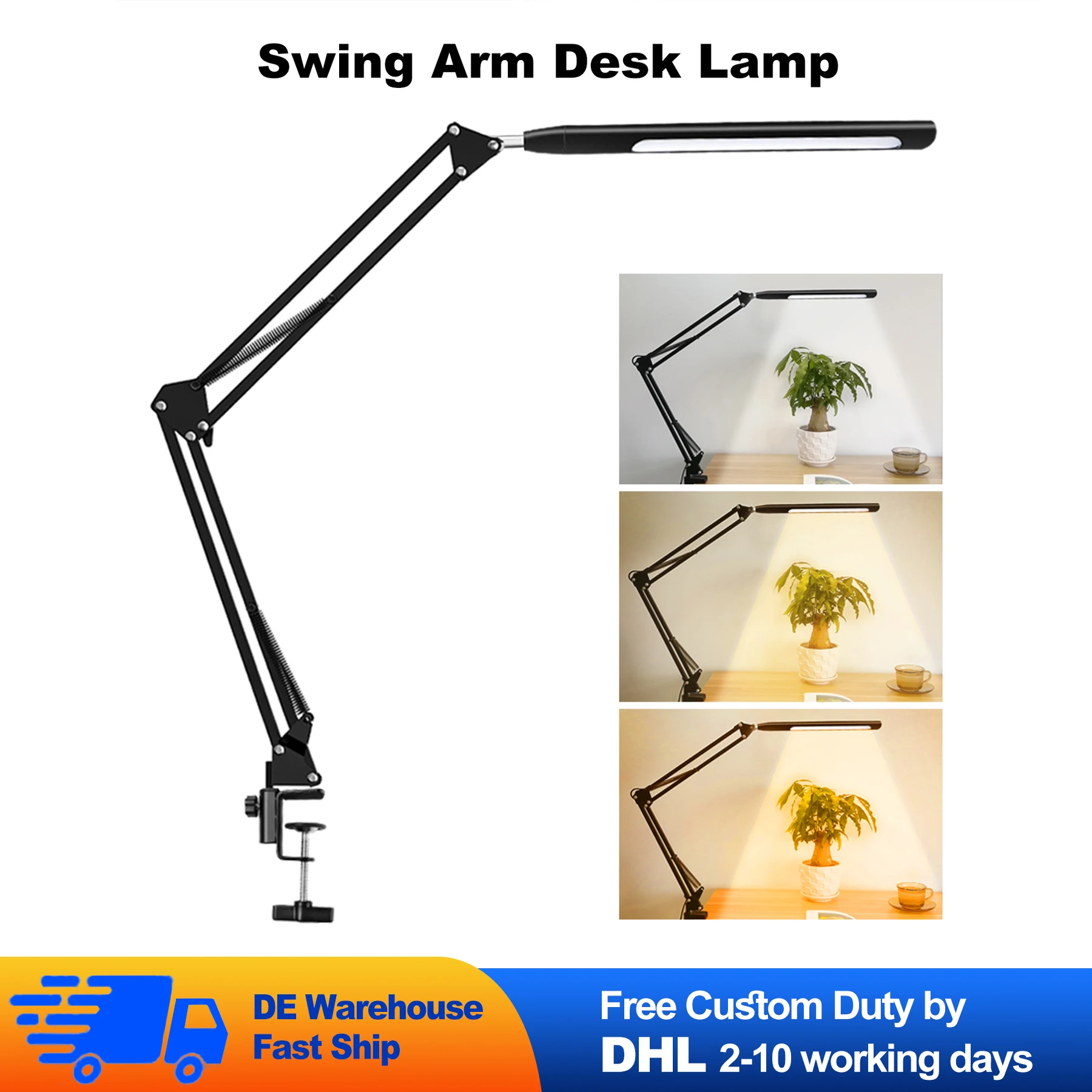LED Desk Lamp Adjusted 3 Color Modes Swing Arm Lamp with Clamp Eye Care