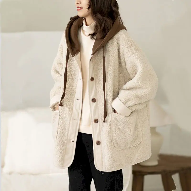 Lamb Wool Coat Womens Hoodies Autumn Winter Fashion New Stitching