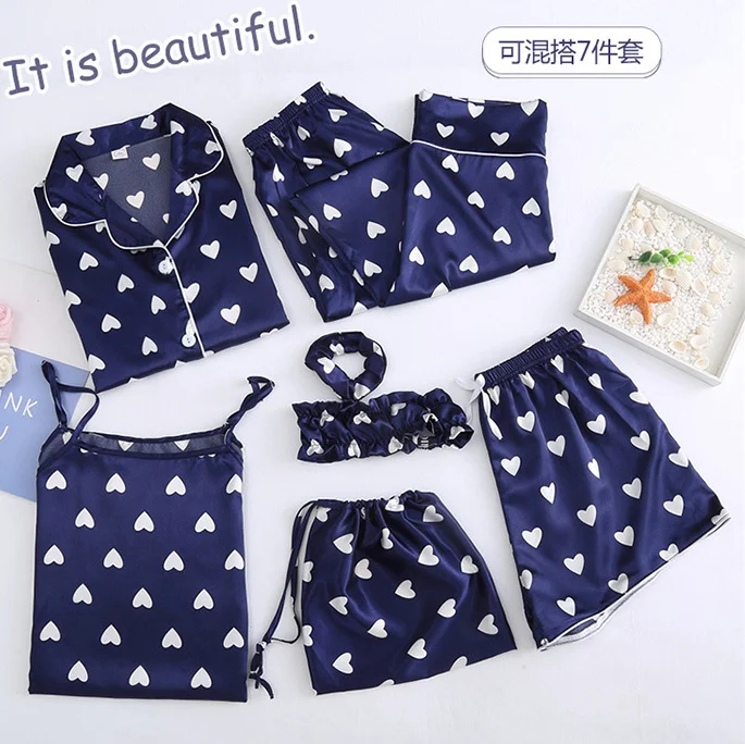 Autumn Spring 7 Pieces Set Silk Elegant Women Pajamas Print Shorts Long Sleeve Top Elastic Waist Pants Full Lounge Sleepwear