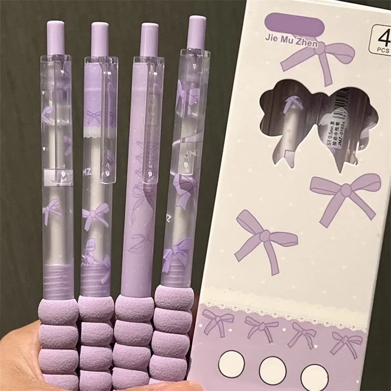 Set of 4 Kawaii Bowknot Retractable Gel Pens - Black Ink, 0.5mm, Smooth Writing Office & School Stationery Supplies