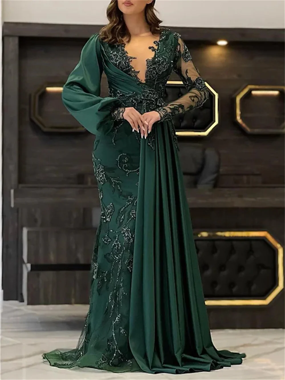 Mermaid Luxurious Illusion V Neck Evening Dresses For Women Engagement Chiffon Elegant Train Lace Appliques Sweep Brush Ladies