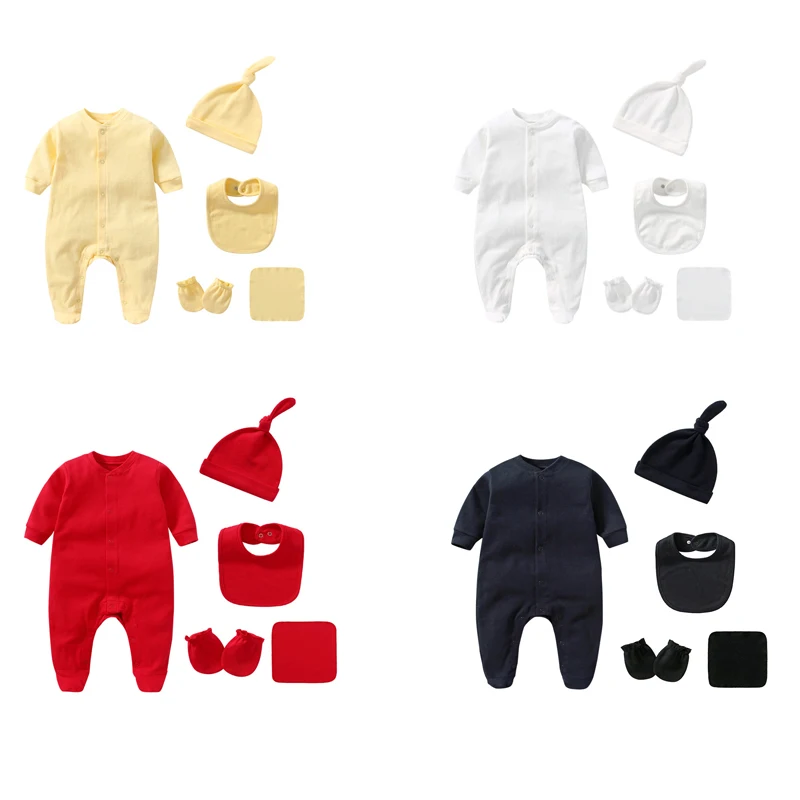 Set per neonato Neonato Ragazzo Ragazza Abbigliamento 100% cotone a maniche lunghe Tinta unita Pagliaccetti Cappello Bavaglino 0-3 mesi Prodotti per neonati