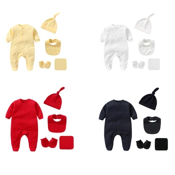 Set per neonato Neonato Ragazzo Ragazza Abbigliamento 100% cotone a maniche lunghe Tinta unita Pagliaccetti Cappello Bavaglino 0-3 mesi Prodotti per neonati