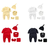 Baby Set Newborn Baby Boy Girl Clothing 100% Cotton Long Sleeved Solid Color Rompers Hat Bib Suit 0-3 Months Infant Products 1