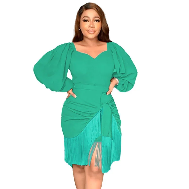 

WUHE Tassel Women Elegant Party Dress Lantern Long Sleeve Solid Bodycon Pencil Dress 2024 Spring Office Lady Workout Vestidos