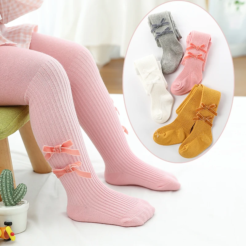 

Infant Baby Girls Autumn Soft Cotton Pantyhose Stripe Spring Warmer New Born Child Tights Double BowToddler Kids Kawaii Legging