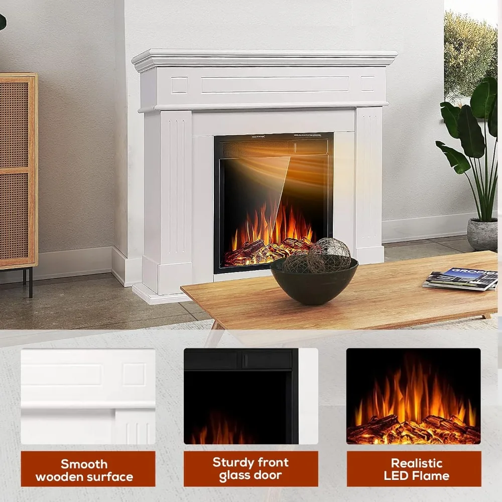 43” Electric Fireplace Mantel Wooden Surround Firebox, TV Stand with Freestanding Electric Fireplace, Remote Control 4