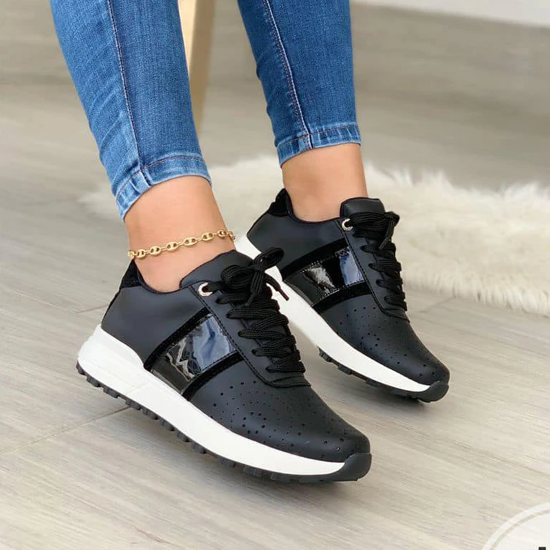 

Women 2022 Autumn Breathable Hollow Out Sneakers Lace-Up Solid Color Pu Leather Ladies Casual Vulcanize Shoes Tennis Sport Shoes