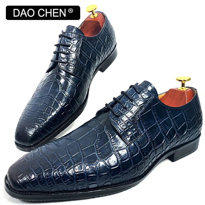 Mens Leather Dress Shoes DAOCHEN ITALIAN MEN LEATHER SHOES BLUE BLACK CROCODILE PRINT LACE UP CASUAL DRESS MAN SHOE OFFICE WEDDING SHOES FOR MEN