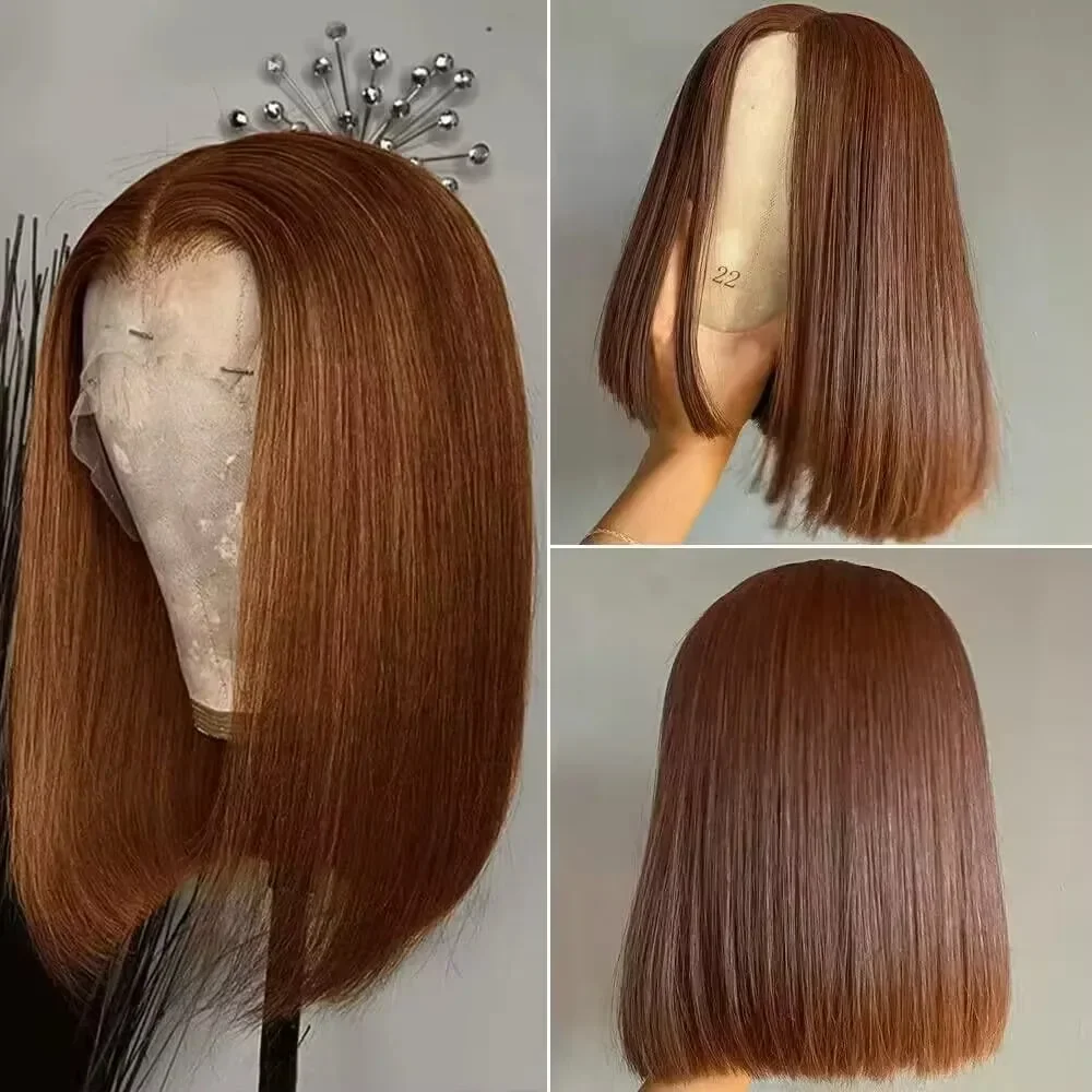 220% HD 13x4 13x5 Chocolate Brown Bone Straight Short Bob Lace Frontal Human Hair Wigs Transparent Pre Plucked Lace Front Wig 3