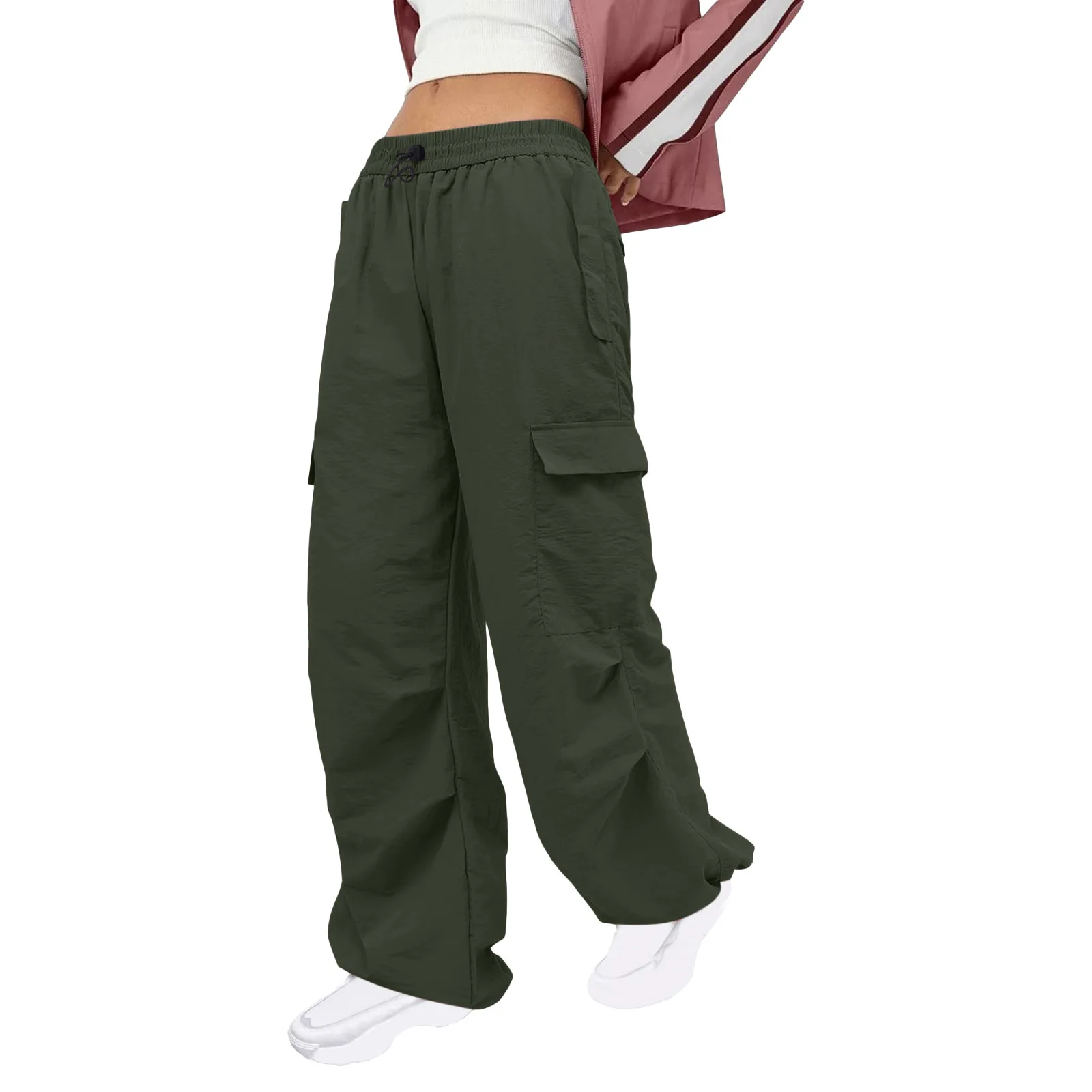 Women's New Solid Color Nylon Multi-pocket Loose Cargo Pants