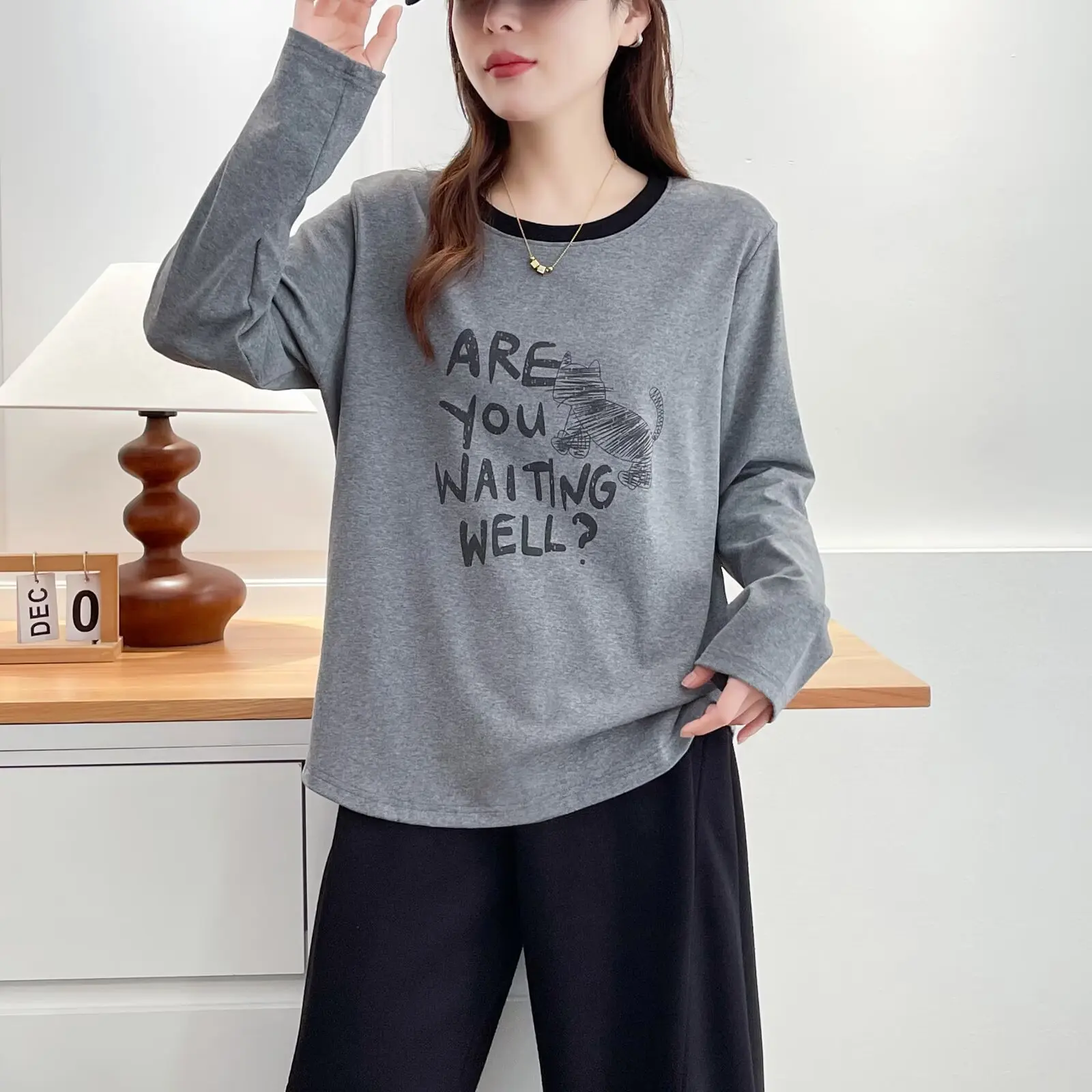 XXXXL Fashion Plus Size Women's T-Shirt Autumn New Simple Color Block Collar Printed Long Sleeved Tops 7036