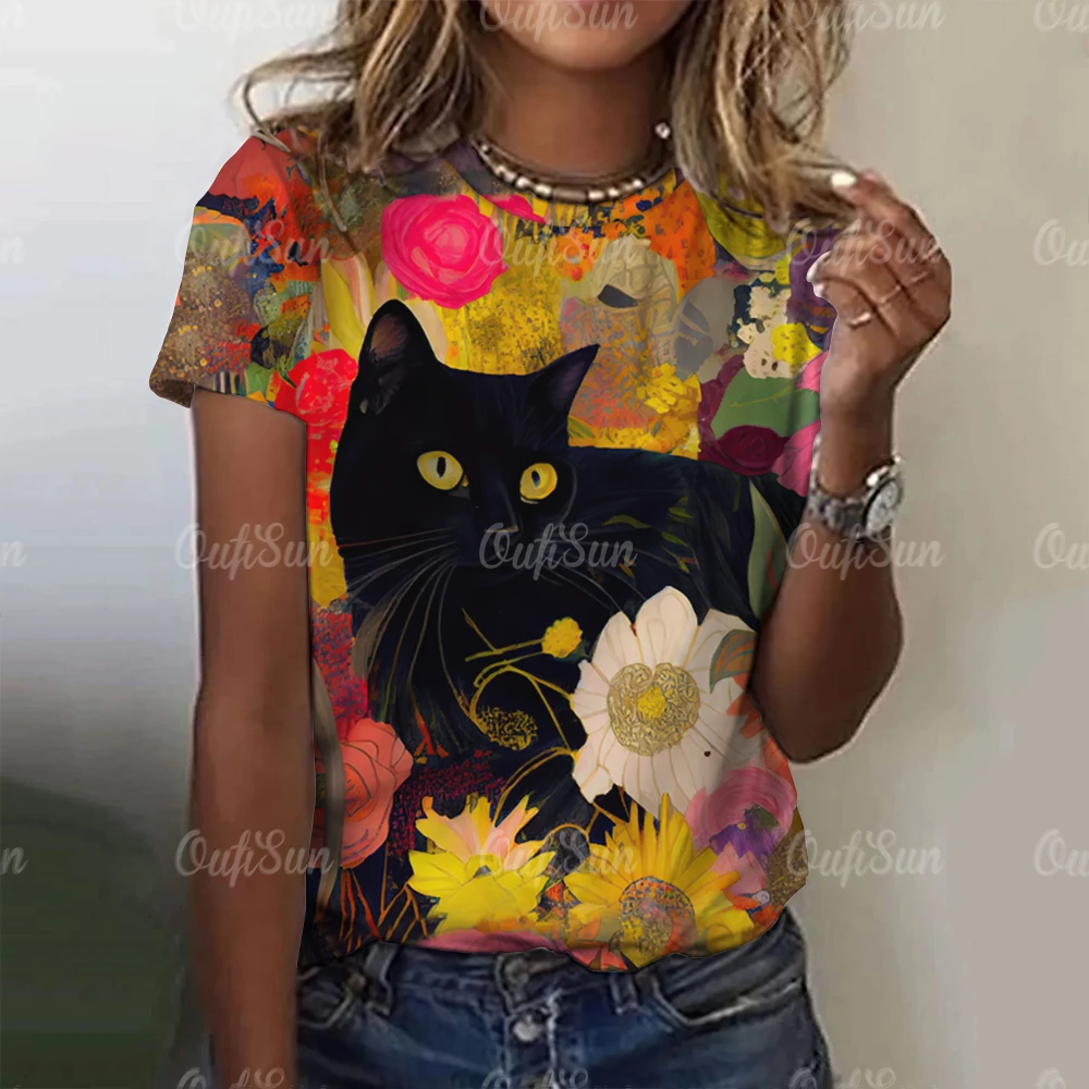 

2024 T-Shirt For Women Cute Black Cat Printed Blouse Summer Oversized T-Shirts Fashion Women's Clothing Crew Neck Animal Blouse