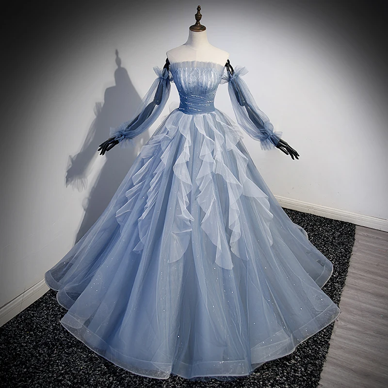 

Evening Dress Full Sleeves Lace Up Floor Length A-Line Pleat Tulle Boat Neck Blue Elegant Plus Size Women Party Dresses B2691
