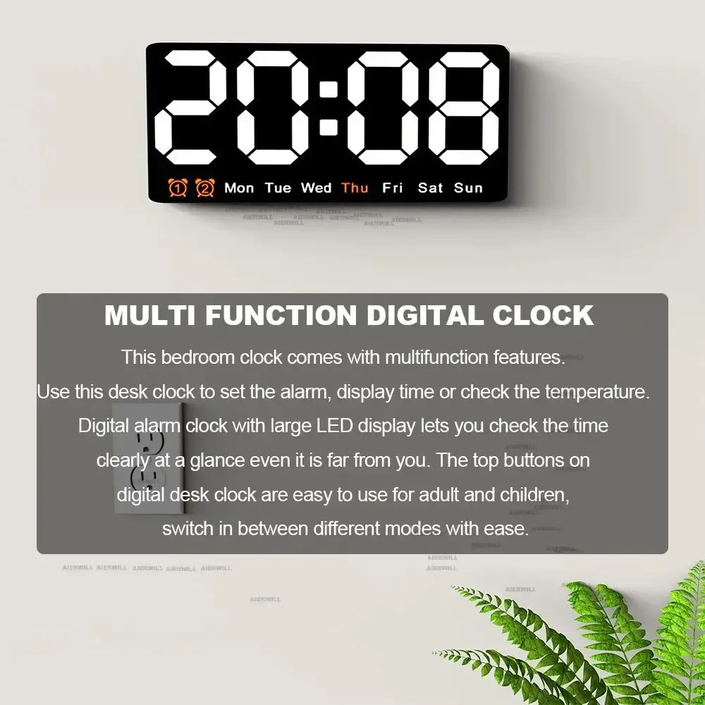 Digital Wall Clock with Large Colorful LED Display, Date, Temperature, and 2 Alarms