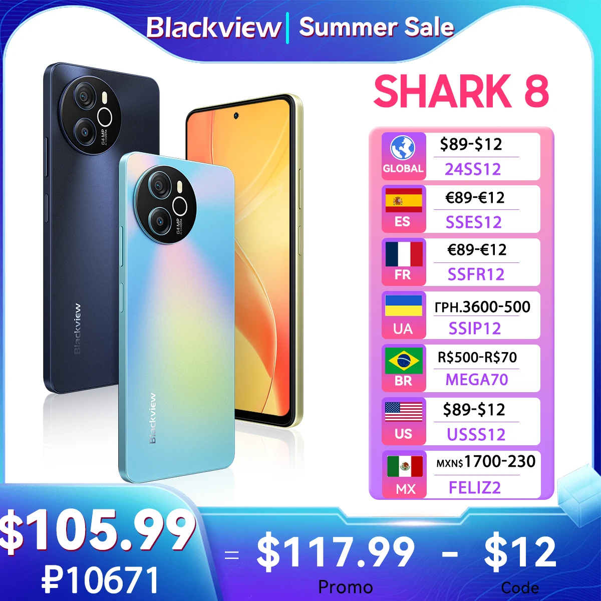 블랙뷰 샤크 8 스마트폰, 안드로이드 13 G99 휴대폰, 6.78 인치,
