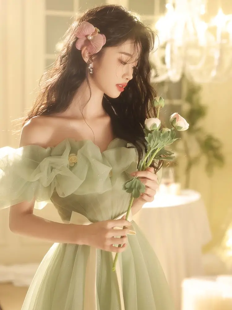 Women prom dresses Light green sweat off shoulder long lady girl women princess banquet party ball prom dress performance gown