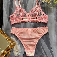 New Women Sexy Bra  Breathable Girly Multi-color Erotic Lingerie French Flower Embroidery See-through Embroidery Underwear Sets 4