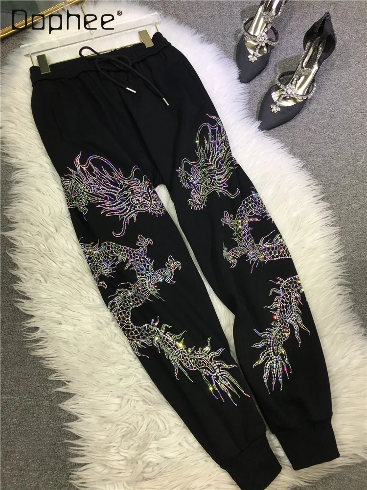 Fleece Thick Sweat Pants Suit Women 2023 Autumn Winter Light Luxury Heavy Embroidery Hot Drilling Top Sports Pant Two-Piece Sets