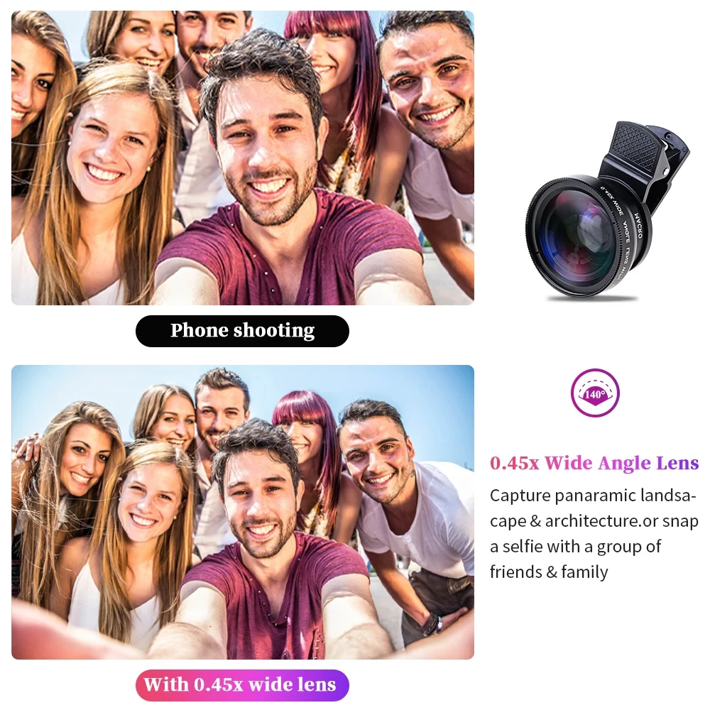 Camera Lens 2 in 1 Phone Lens kit 0.45x Ultra Wide Angle Macro External Cellphones Lens HD Universal Clip 37mm For iPhone Andr