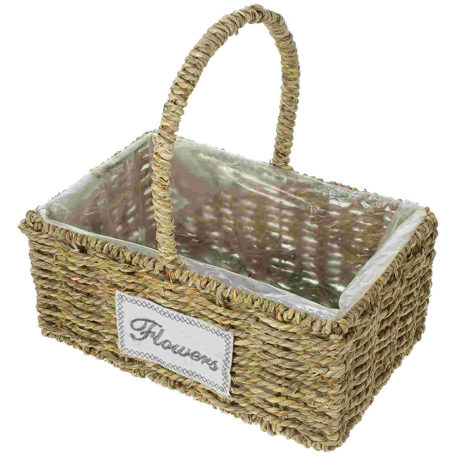 

Handmade Straw Portable Square Fruit Basket with Flower Arrangement Multipurpose